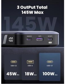 UGREEN prijenosni punjač (Powerbank) 25000mAh, 145W brzo punjenje, 2×USB-C+1×USB-A, PD 3.0+QC 3.0, sivi