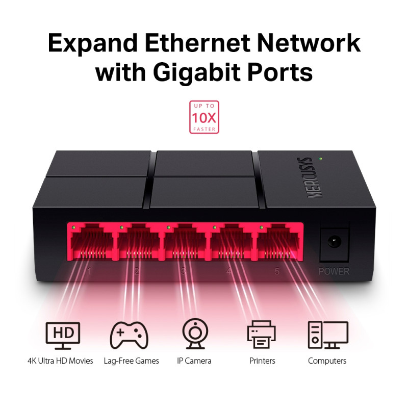 Mercusys 5-port Gigabit mini Desktop preklopnik (Switch), 5×10/100/1000M RJ45 ports, plastično kućište