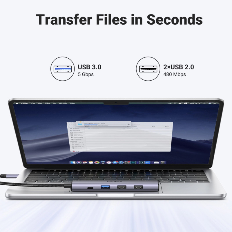 UGREEN 5-portni Revodok 105 USB-C HUB, 3xUSB-A, 1xUSB-C 100W PD, 1xHDMI 4K 30Hz, sivi