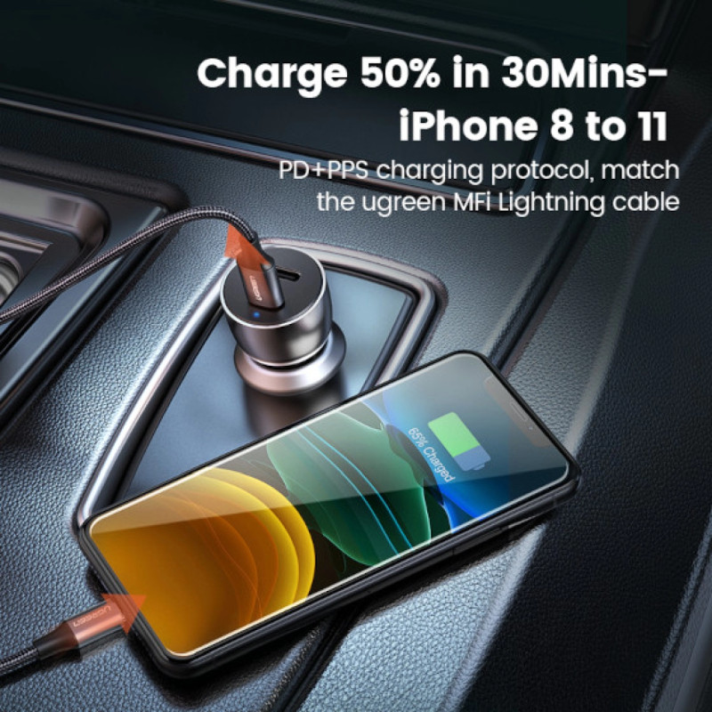 UGREEN auto punjač 52.5W, USB-C+USB-A, PD3.0/QC3.0, sivi