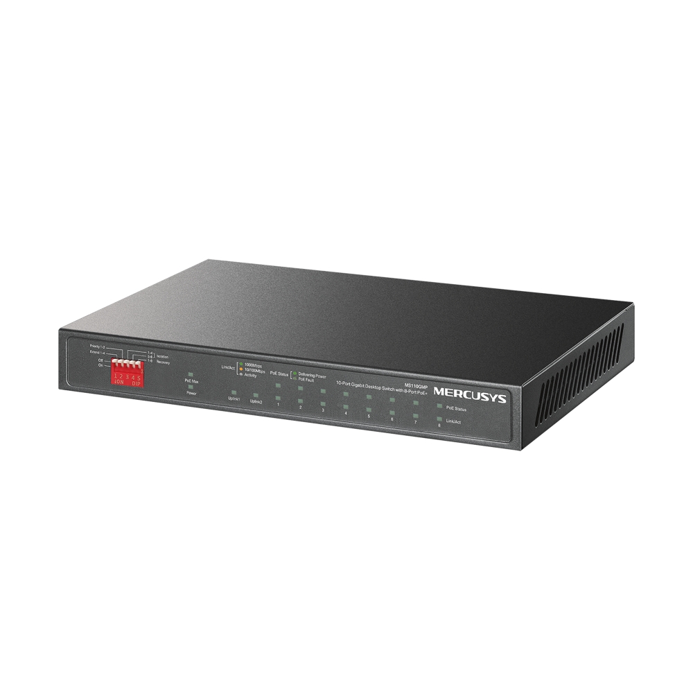 Mercusys 10-Port 10/100Mbps Desktop preklopnik (Switch) 10×10/100/1000Mbps, 8-Port PoE+, Plug & Play, Auto-Negotiation, Auto-MDI/MDIX, metalno kučište