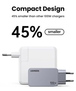 UGREEN Nexode Pro Mini FC zidni punjač 100W, 2x USB-C, USB-A, USB-C kabel, GaN, sivi