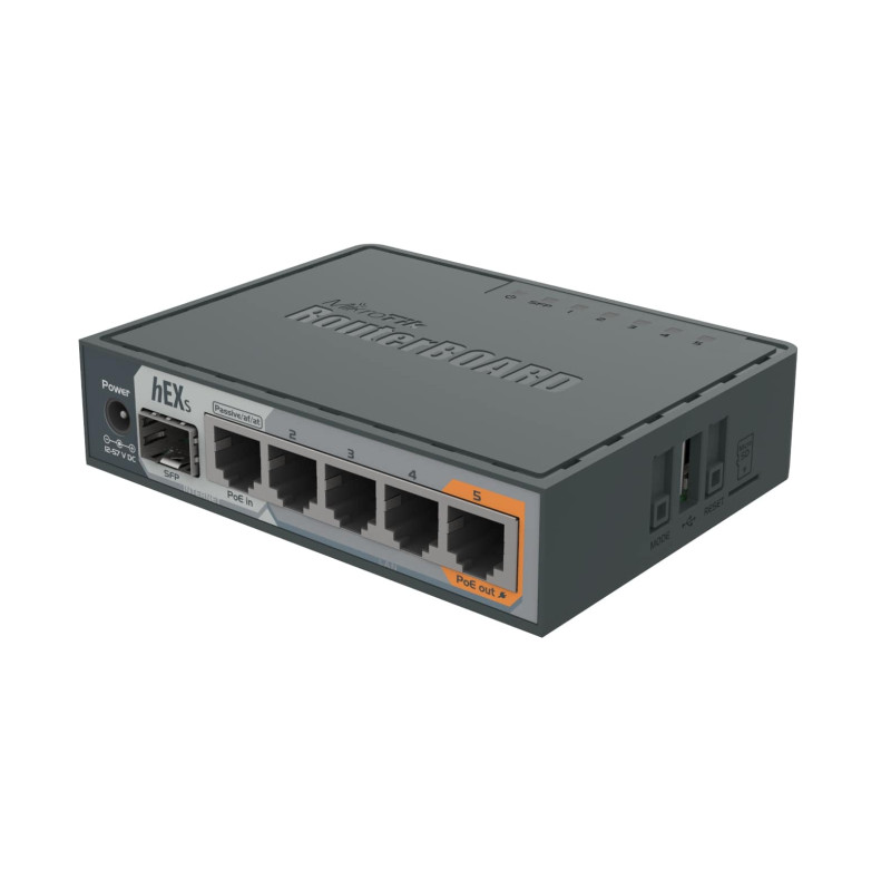 Mikrotik RB760iGS hEX S with Dual Core 880MHz MHz CPU, 256MB RAM, 5×G-LAN, SFP, USB, PoE-out-port #5, RouterOS L4, plastično kućište, PSU