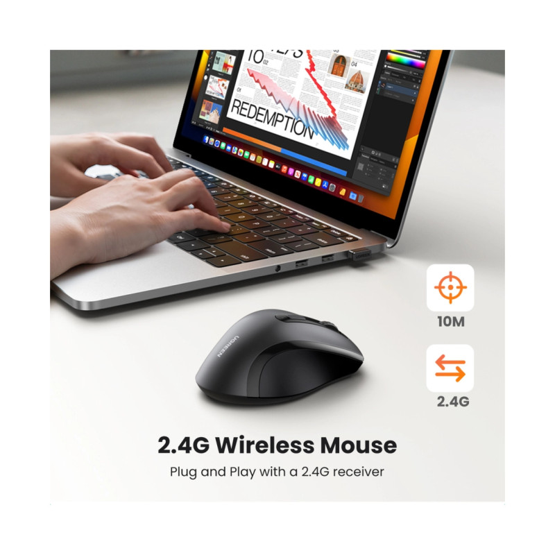 UGREEN bežični miš, 1600 DPI, USB, crni