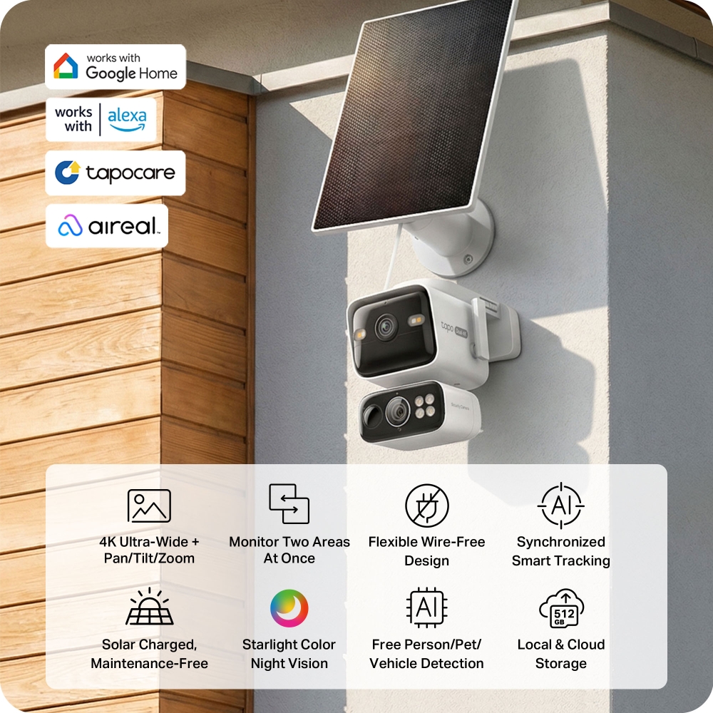 TP-Link Tapo C675D kamera + Tapo A202 Solar panel, 4K/8MP (3840x2160), 10000mAh punjiva li-lon bater, microSD, 6×Spotlights, detekcija pokreta, IP65, Dual Lens/Telephoto, Wi-Fi/Tapo app