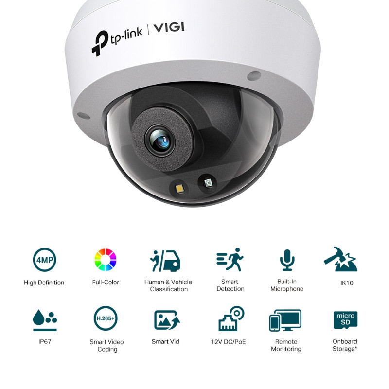 TP-Link vanjska IP Dome Full color HD kamera, H.265+ video, 4MP, 2.8mm leća, RJ45, PoE, microSD, Night Vision, detekcija pokreta, vodootporna IK10/IP67, VIGI app