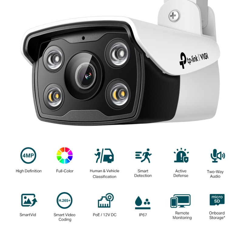 TP-Link VIGI C340 Full color kamera 2K 4MP, H.265+, 6mm leća, RJ45, PoE/12V DC, Night Vision, microSD, dvosmjerni audio, detekcija pokreta, vodootporna IP67, VIGI app