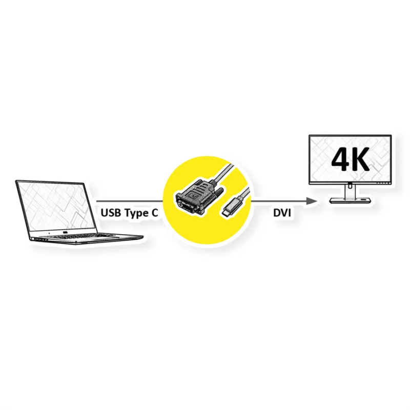 Roline VALUE USB-C - DVI kabel, M/M, 2.0m, crni