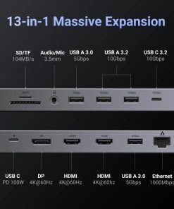 UGREEN Revodock Pro 313 13-u-1 USB-C HUB, 1×DP/4K60, 2×HDMI/4K60, 1×USB-C (PD 100W), 1×USB-C, 4×USB-A, RJ45, 3.5mm, čitač kartica SD/TF
