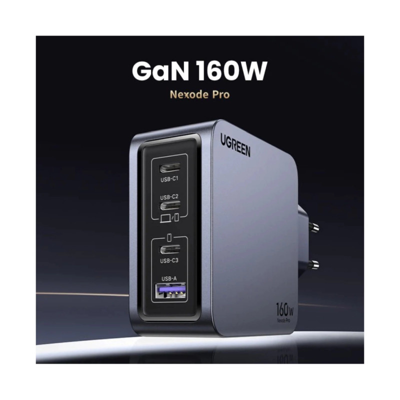 UGREEN Nexode Pro zidni punjač 160W, 3×USB-C/1×USB-A, USB-C kabel, GaN, sivi