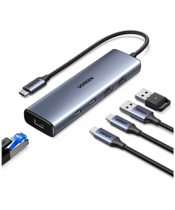 UGREEN 6-portni USB-C HUB na 1xUSB-A 3.2, 2xUSB-C 3.2, 1xUSB-A 2.0, 1xUSB-C za napajanje, 1x RJ45 konektor, sivi