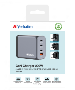 Verbatim GNC-200 GaN zidni punjač 200W, 4 priključka, 2×USB-C PD 100W / 1×USB-C PD 65W / 1×USB QC 3.0