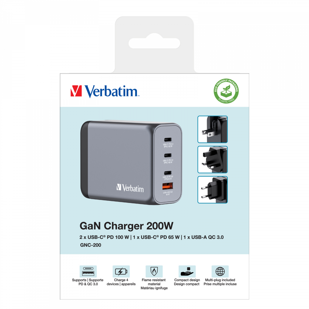 Verbatim GNC-200 GaN zidni punjač 200W, 4 priključka, 2×USB-C PD 100W / 1×USB-C PD 65W / 1×USB QC 3.0