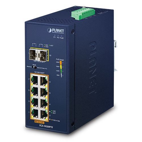 Planet Industrial 8-Port 10 100 1000T 802.3at PoE 2-Port 100 1000X SFP Ethernet Switch w 12V Booster (-40~75 degrees C)