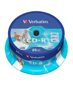 CD-R Verbatim 700MB 52× DataLife/Wide Inkjet Printable 25 pack spindle