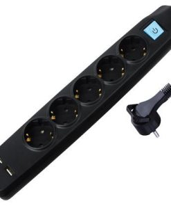 Transmedia 5-way power strip with 2x USB, black, 5m