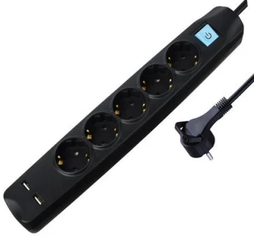 Transmedia 5-way power strip with 2x USB, black, 5m