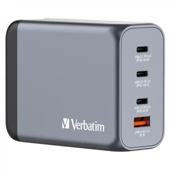 Verbatim GNC-200 GaN zidni punjač 200W, 4 priključka, 2×USB-C PD 100W / 1×USB-C PD 65W / 1×USB QC 3.0