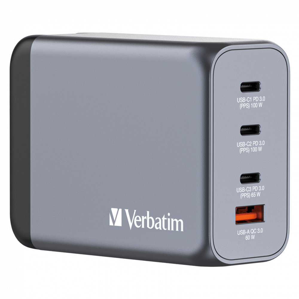 Verbatim GNC-200 GaN zidni punjač 200W, 4 priključka, 2×USB-C PD 100W / 1×USB-C PD 65W / 1×USB QC 3.0