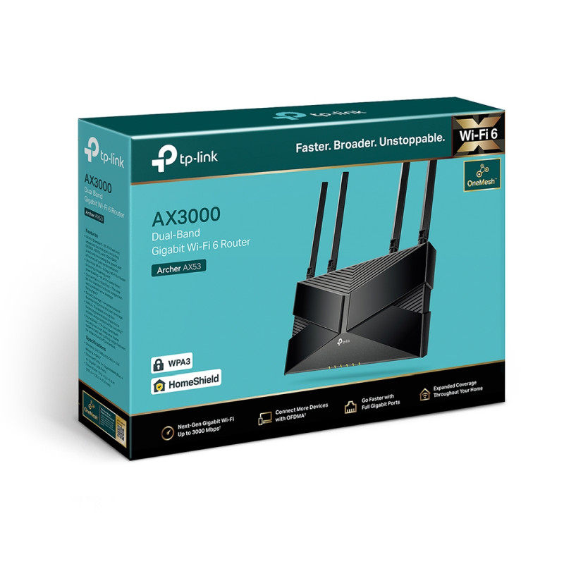 TP-Link AX3000 Archer AX53 bežični usmjerivač, Dual-Band WiFi 6, 574Mbps/2402Mbps (2.4GHz/5GHz)802.11ax/a/b/g/n/ac, 1×G-WAN, 4×G-LAN, 4 antene, bežični