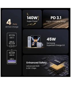 UGREEN Nexode Pro zidni punjač 160W, 3×USB-C/1×USB-A, USB-C kabel, GaN, sivi