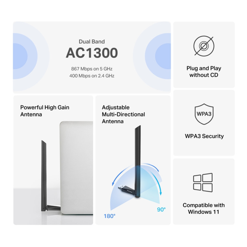 Mercusys AC1300 High Gain Wireless Dual Band USB Adapter