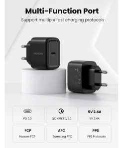 UGREEN zidni punjač 25W, USB-C, PD3.0/QC4.0, crni + USB-C/USB-C kabel 2.0m