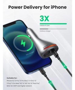 UGREEN auto punjač 84W, USB-C, USB-A, PD, QC 3.0, srebrni