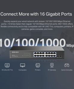 Mercusys 16-Port Gigabit Desktop preklopnik (Switch) 16×10/100/1000Mbps, Plug & Play, Auto-Negotiation, Auto-MDI/MDIX, metalno kučište
