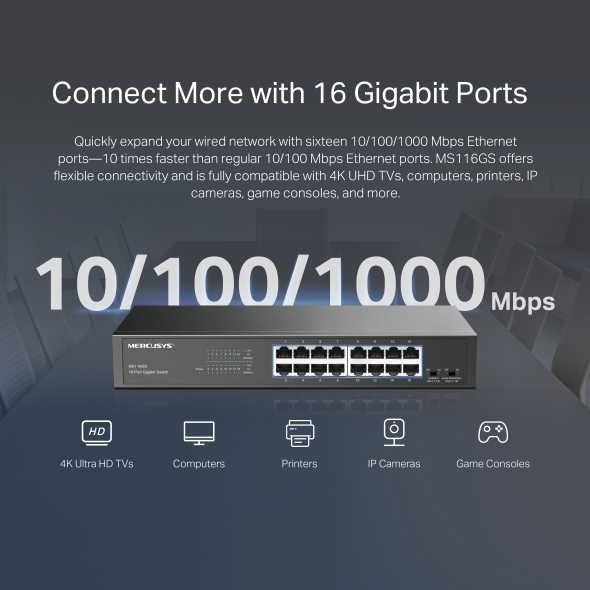 Mercusys 16-Port Gigabit Desktop preklopnik (Switch) 16×10/100/1000Mbps, Plug & Play, Auto-Negotiation, Auto-MDI/MDIX, metalno kučište