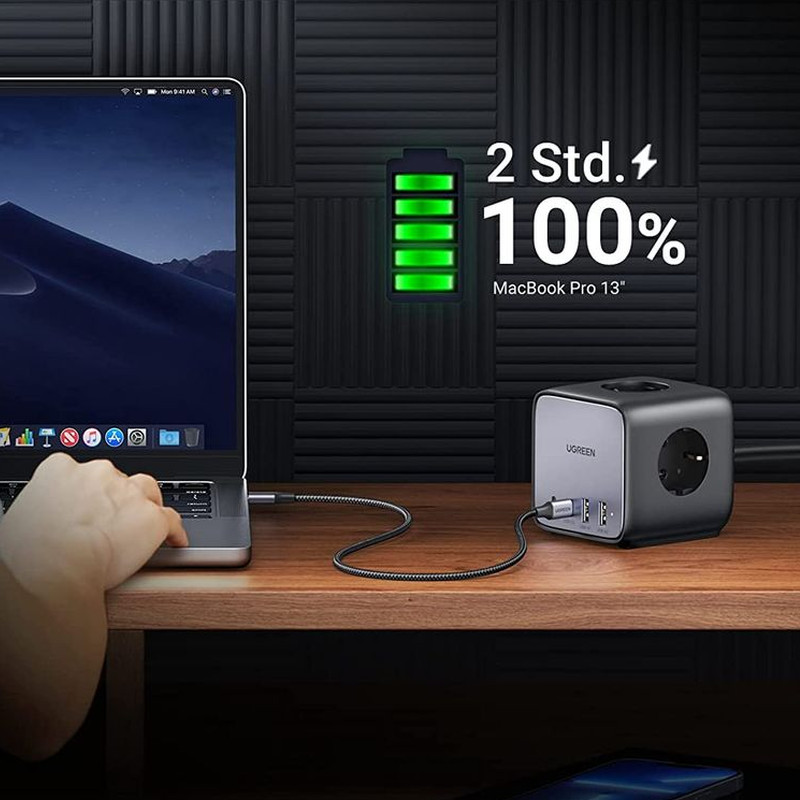 UGREEN DigiNest Cube, univerzalni punjač, 65W, 3x ŠUKO utičnica, 2x USB-C, 2x USB-A, 1.8m, crno sivi