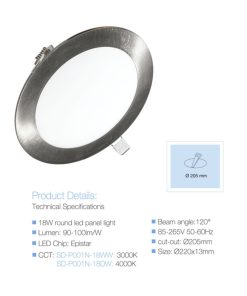 LED plafonijera 18W, 90-100lm/W, 4000K, IP20, inox