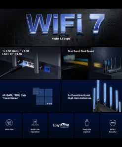 Mercusys BE3600 bežični usmjerivač (Duali-Band Wi-Fi 7 Router) 688Mbps/5760Mbps (2.4GHz/5GHz), 802.11be/ax/ac/a/b/g/n, 3×G-LAN, 1×G-WAN, 6x fiksne omni-direkcione antene