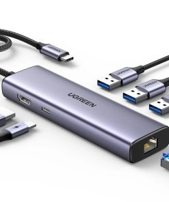 UGREEN 6-portni USB-C HUB USB-C 3×USB-A 3.0, 1×HDMI,1×RJ45,1×USB-C PD, sivi