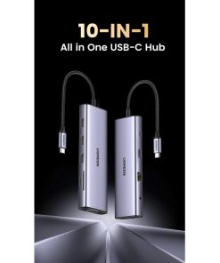 UGREEN 10-portni USB-C HUB 3×USB-A 3.0, 1xUSB- C PD, VGA, 4K, HDMI, 1xG-LAN, 1xSD, 1xTF, 3.5mm, sivi
