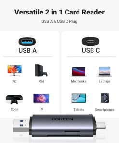 UGREEN 2-u-1 čitač memorijskih kartica, USB-C/USB-A, SD/microSD/TF, do 512GB, 5 Gbit/s, sivi