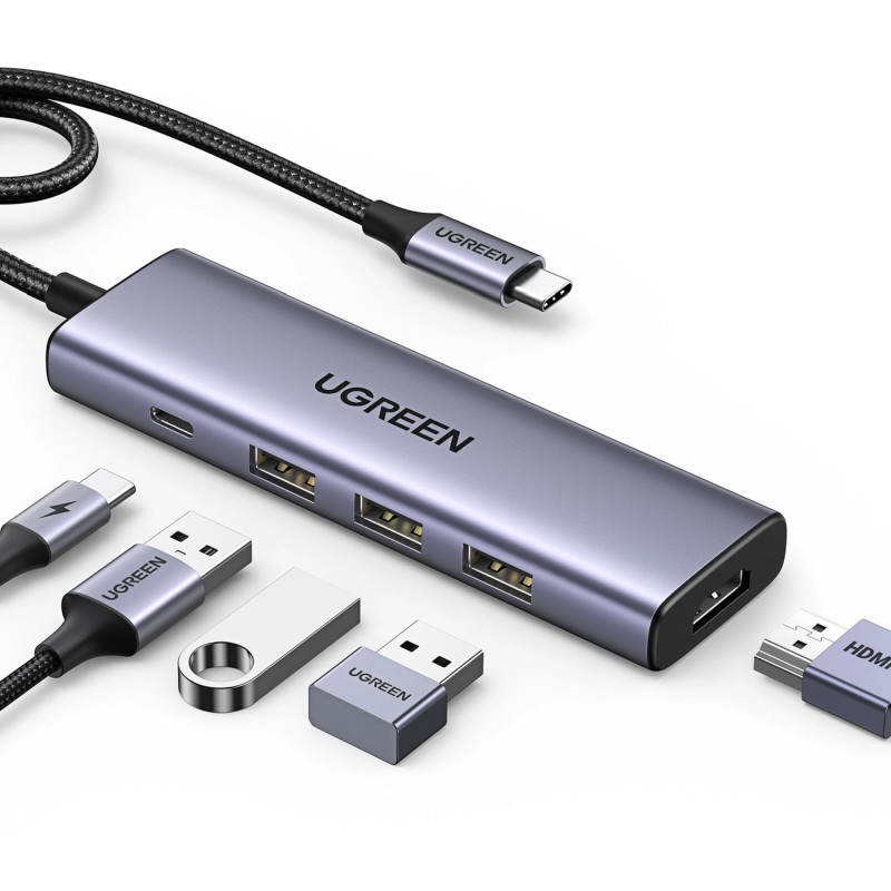 UGREEN 5-portni USB-C HUB 3x USB-A 3.2, 1xUSB-C PD, 1xHDMI 4K 30 fps, sivi
