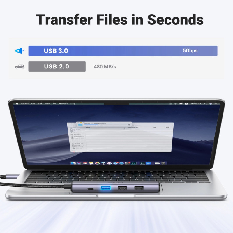 UGREEN 5-portni Revodok 105 USB-C HUB, 3xUSB-A, 1xUSB-C 100W PD, 1xHDMI 4K 30Hz, sivi