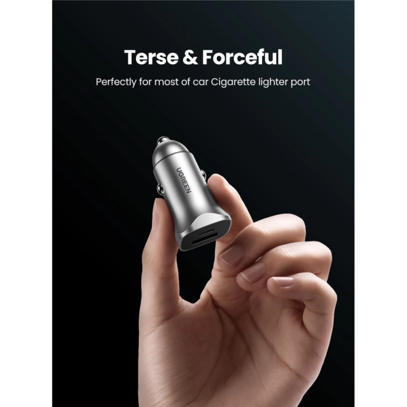 UGREEN auto punjač 30W, USB-C+USB-A, PD3.0/QC3.0, sivi
