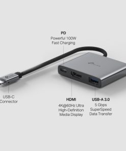 TP-Link 3-portni USB-C HUB 1xUSB-A, 1xUSB-C PD, 1x HDMI 4K 60Hz, crni