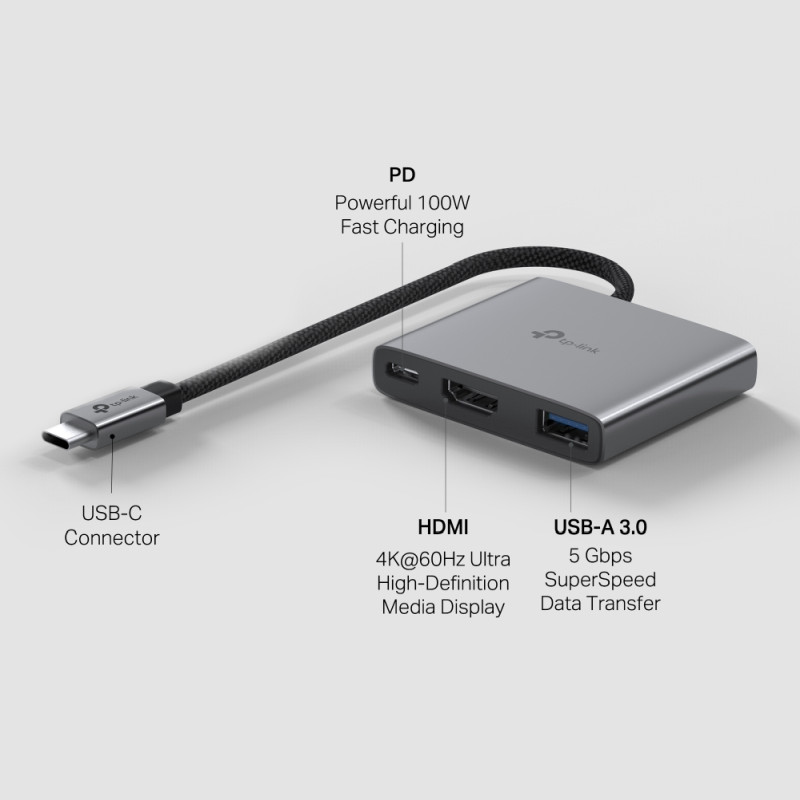 TP-Link 3-portni USB-C HUB 1xUSB-A, 1xUSB-C PD, 1x HDMI 4K 60Hz, crni