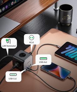 UGREEN DigiNest Cube, univerzalni punjač, 65W, 3x ŠUKO utičnica, 2x USB-C, 2x USB-A, 1.8m, crno sivi