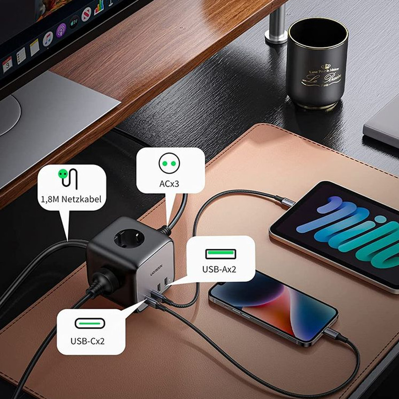 UGREEN DigiNest Cube, univerzalni punjač, 65W, 3x ŠUKO utičnica, 2x USB-C, 2x USB-A, 1.8m, crno sivi