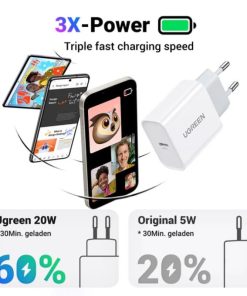 UGREEN zidni punjač 20W, USB-C, PD3.0/QC4.0+, bijeli
