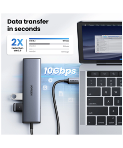 UGREEN 6-portni USB-C HUB na 1xUSB-A 3.2, 2xUSB-C 3.2, 1xUSB-A 2.0, 1xUSB-C za napajanje, 1x RJ45 konektor, sivi