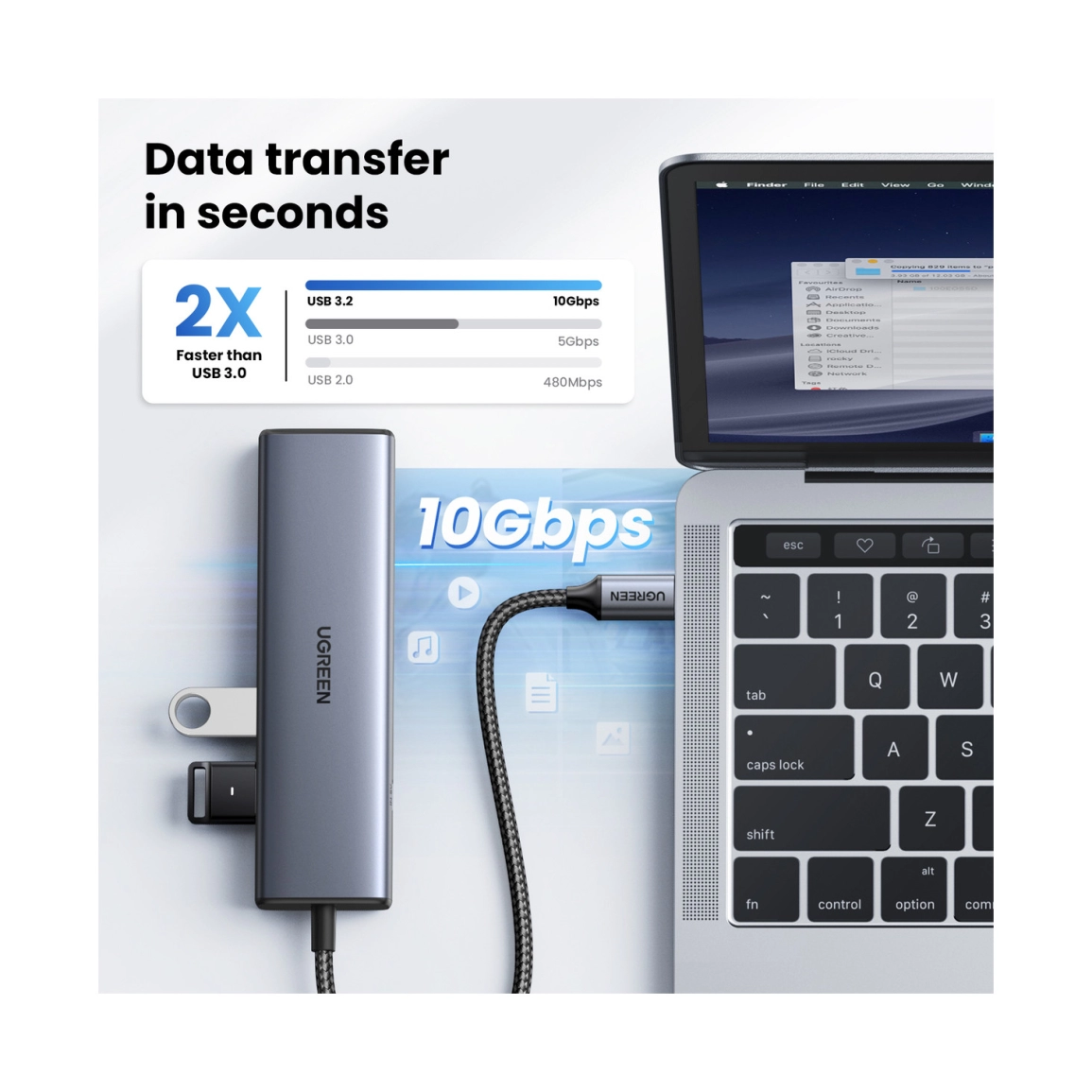 UGREEN 6-portni USB-C HUB na 1xUSB-A 3.2, 2xUSB-C 3.2, 1xUSB-A 2.0, 1xUSB-C za napajanje, 1x RJ45 konektor, sivi