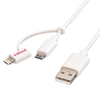 Roline USB2.0 kabel za punjenje i prijenos podataka TIP A(M) na Micro B(M) + Lightning(M), bijeli, 1.0m
