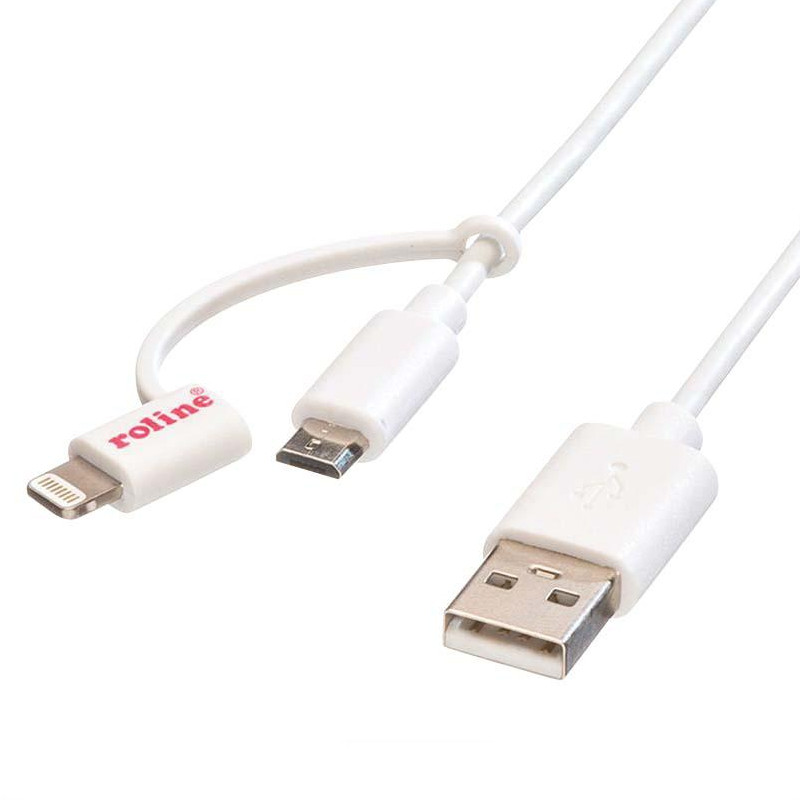 Roline USB2.0 kabel za punjenje i prijenos podataka TIP A(M) na Micro B(M) + Lightning(M), bijeli, 1.0m