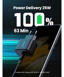 UGREEN zidni punjač 25W, USB-C, PD3.0/QC4.0, crni + USB-C/USB-C kabel 2.0m