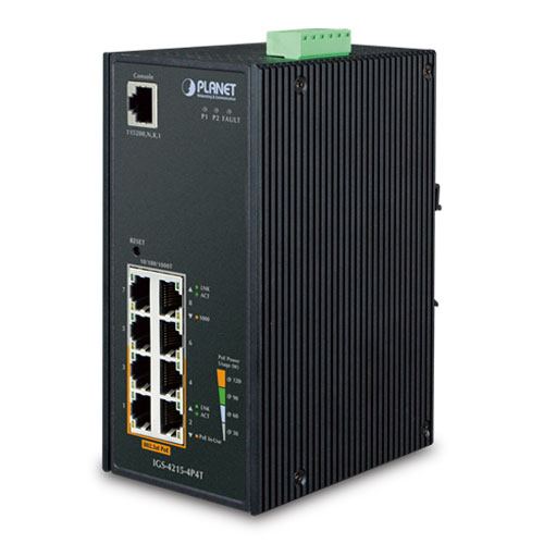 Planet Industrial 8-Port GbE Managed Switch (4x 1GbE RJ45 802.3at PoE ports 4x 1GbE RJ45 ports) (-40~75 degrees C)